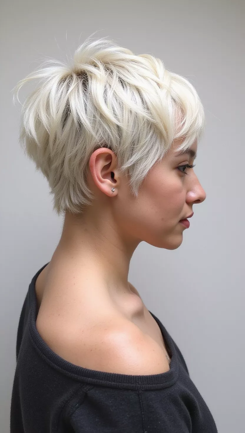 Choppy Platinum Pixie A photo of a 26-year-old woman with a choppy platinum blonde pixie cut, back view.