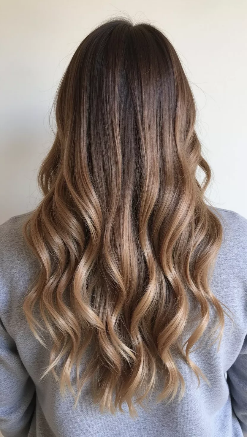 A 37-year-old woman with a neutral taupe-brown with an earthy, soft finish colored long wavy hair, back view.