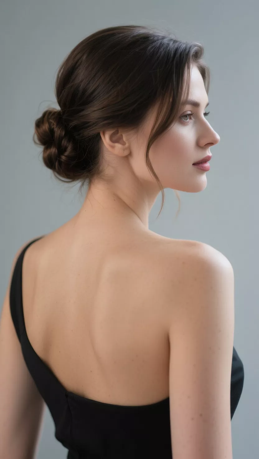 Side-Swept Chignon A beautiful 35-year-old stylish woman with a side-swept chignon hairstyle, back view.