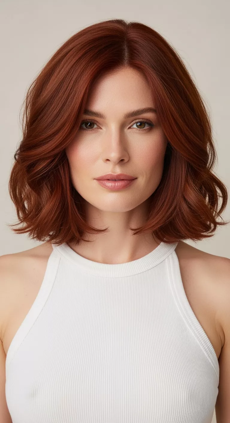 Warm Auburn Red A beautiful 34-year-old woman with a refined auburn shade with vibrant warmth colored medium-length, voluminous hair, front view.