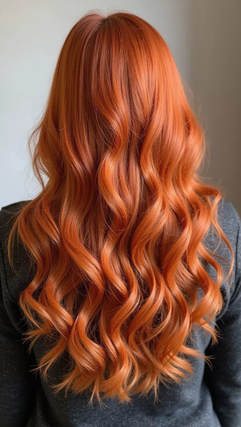 Copper A 30-year-old woman with a warm, coppery orange colored long, curly hair, back view.