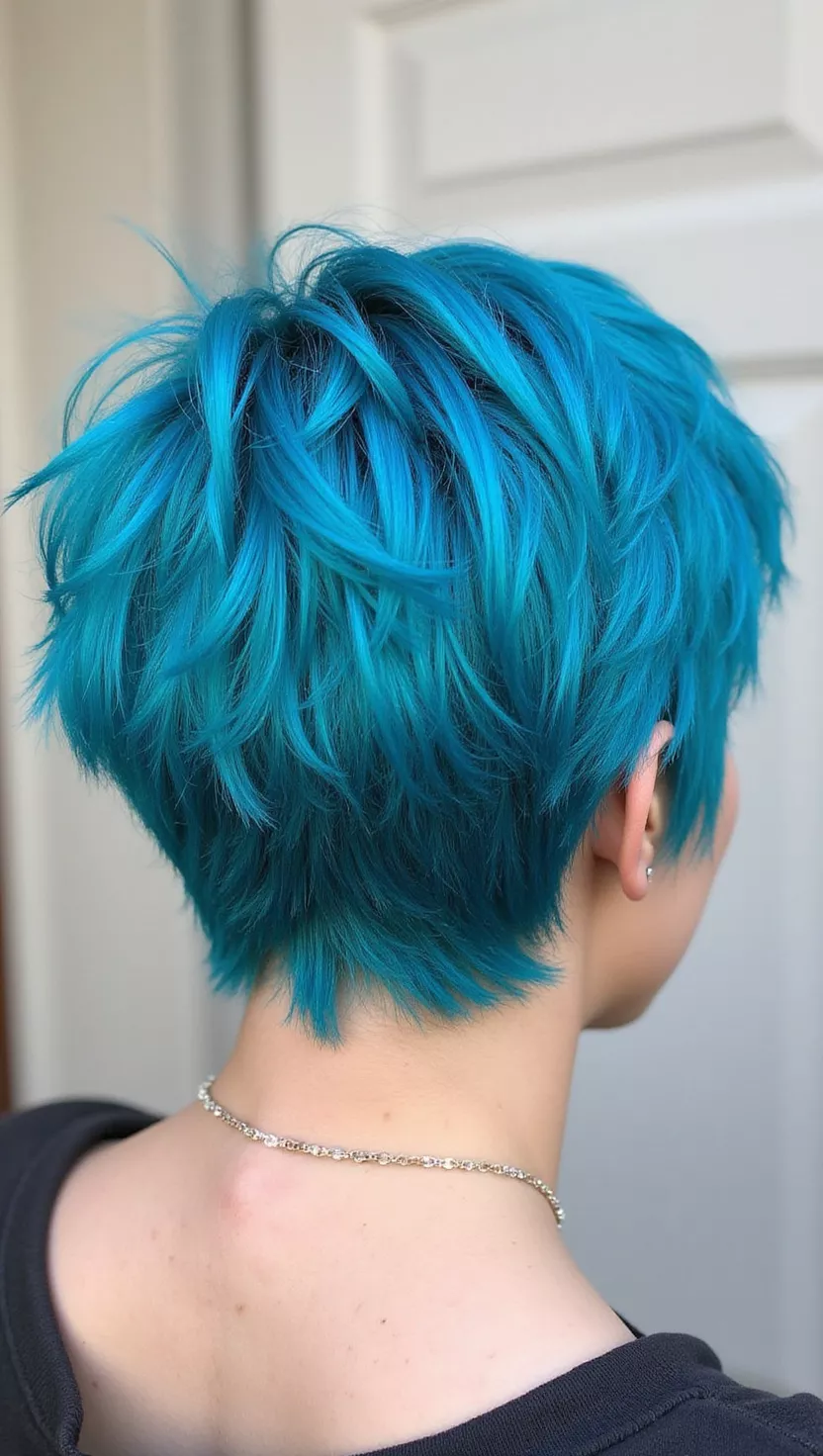 Piece-y Blue Pixie A photo of a 31-year-old woman with a bright blue textured pixie cut with choppy layers, back view.