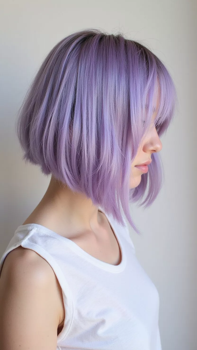 Pretty Pastel A photo of a 25-year-old woman with a Pretty Pastel purple colored bob haircut, back view.