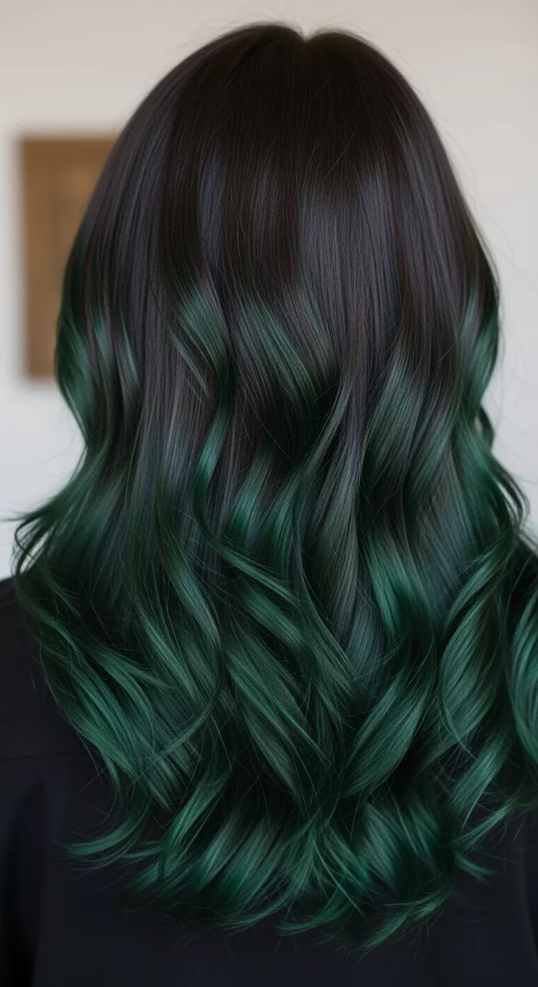 Forest Green Accents A 24-year-old woman with a deep green streaks for contrast colored long, dark hair, back view.