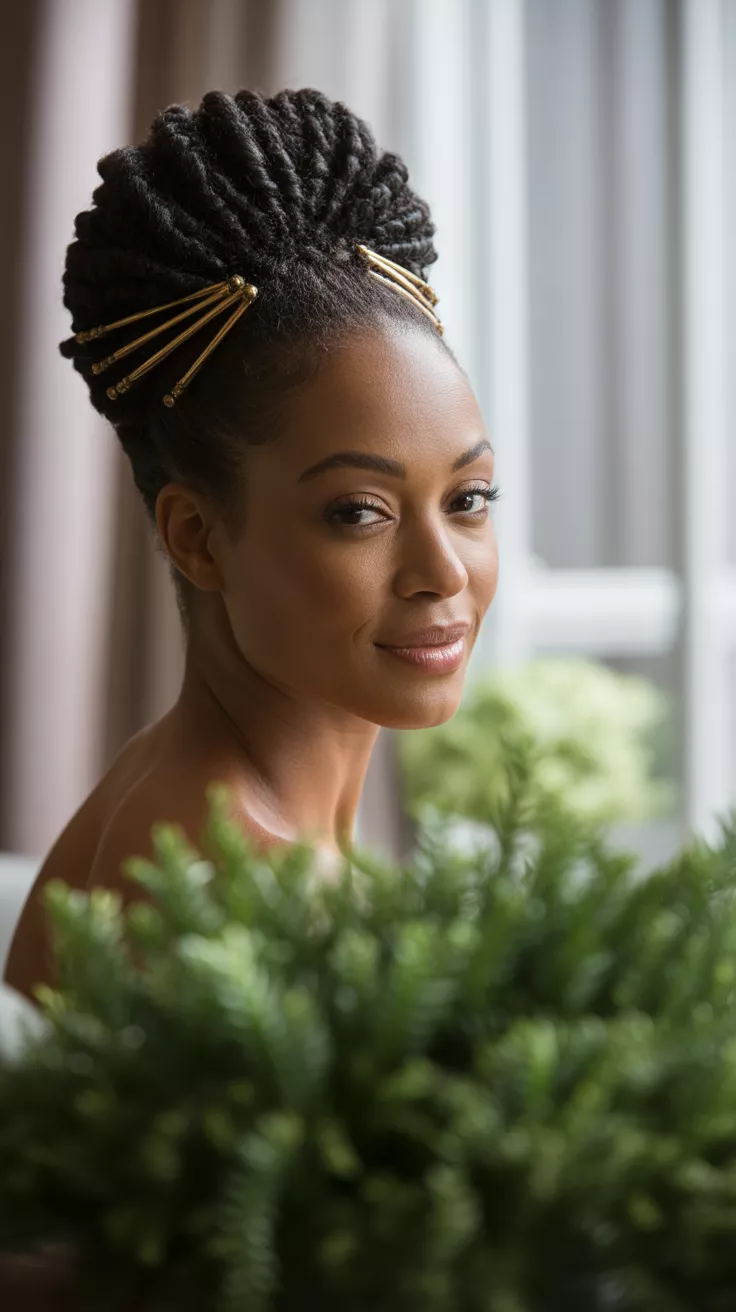 The Sculptural Updo A beautiful 38-year-old black woman with her natural hair styled into a stunning, sculptural updo.