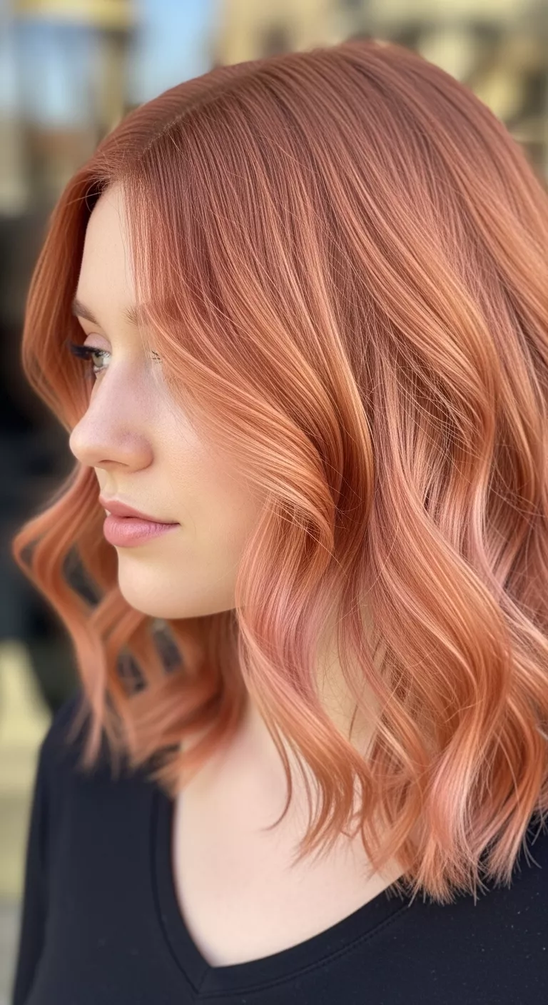 Peachy Pastel Red A 25-year-old woman with a light, warm red with peach-pink softness colored wavy hair, front view.