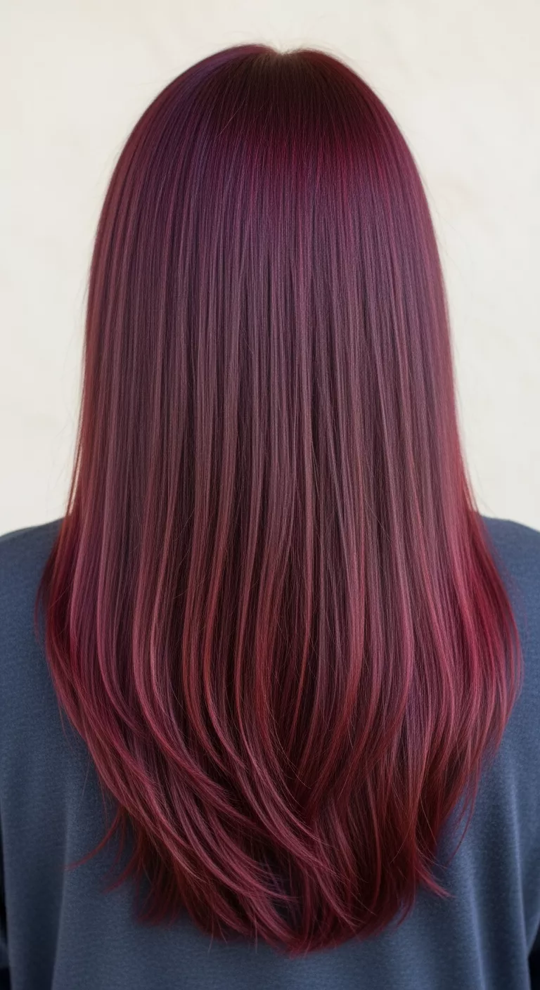 Mulled Wine A 36-year-old woman with a deep red with hints of burgundy and brown colored long, straight hair, back view.