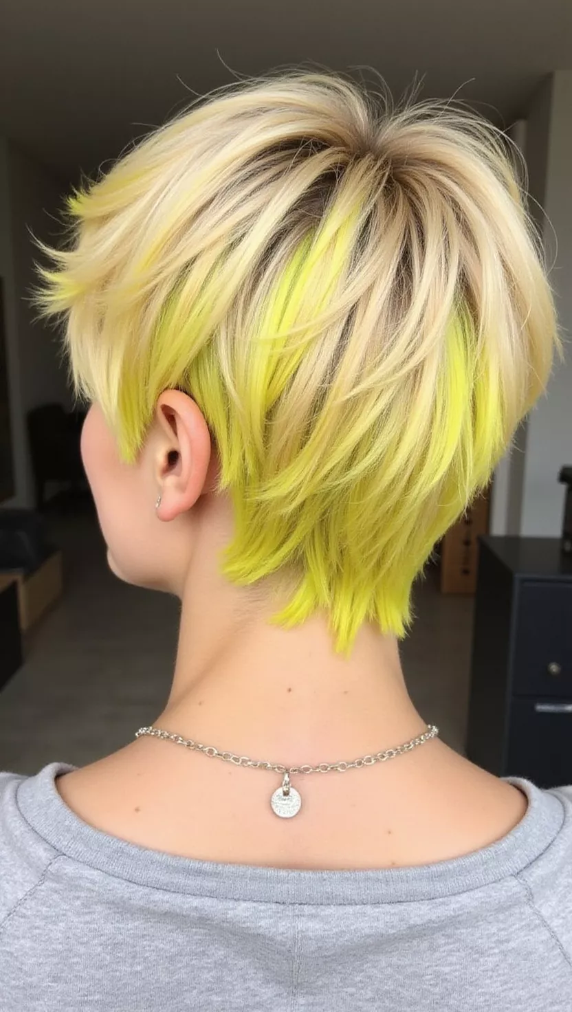 Golden Blonde Pixie with Yellow Streaks A photo of a 27-year-old woman with a golden blonde pixie cut featuring bright yellow streaks, back view.
