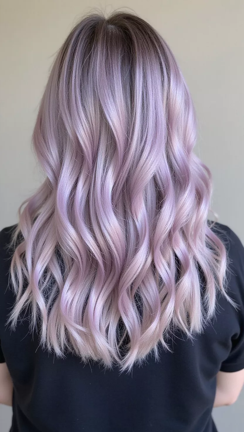 Smoky Lilac A 23-year-old woman with a muted, smoky lilac colored shoulder-length waves, back view.