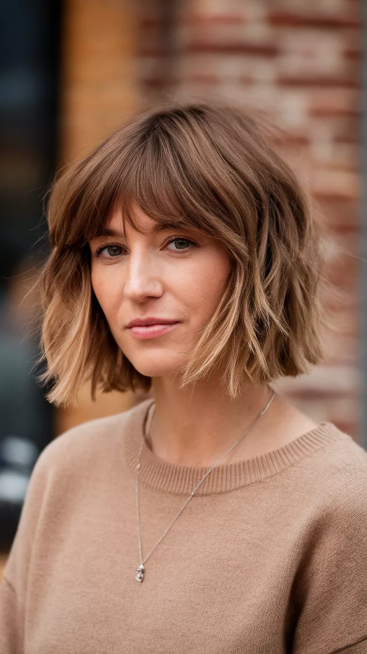 Modern Shag A beautiful 29-year-old woman with a modern shag hairstyle, side view.