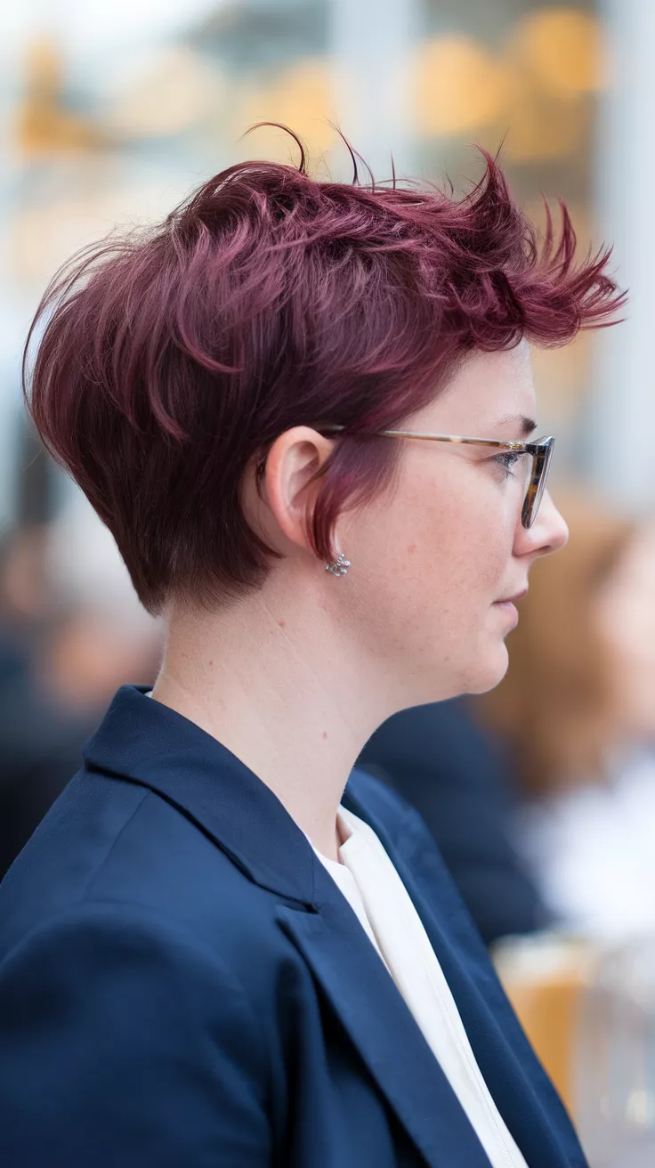 Tapered Pixie in Mulled Wine Red A 35-year-old woman with a deep burgundy shade colored short pixie with faded sides and tousled top, side view.