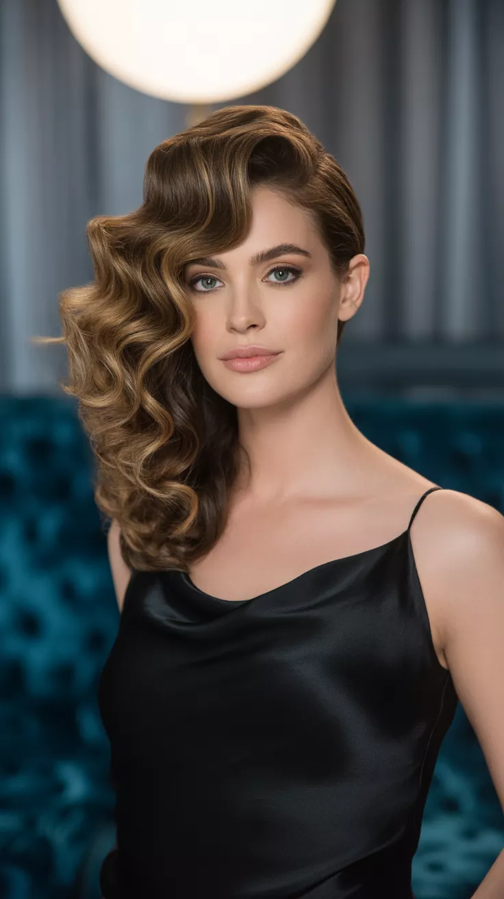A beautiful 37-year-old woman with a side-swept volume bomb, where all her curls are swept dramatically to one side, creating immense volume and a glamorous, impactful silhouette.
