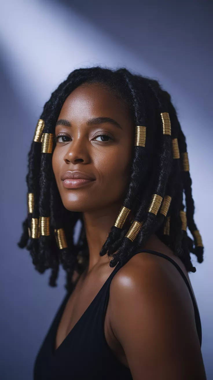 A beautiful 32-year-old black woman with shoulder-length goddess locs decorated with shiny gold cuffs.