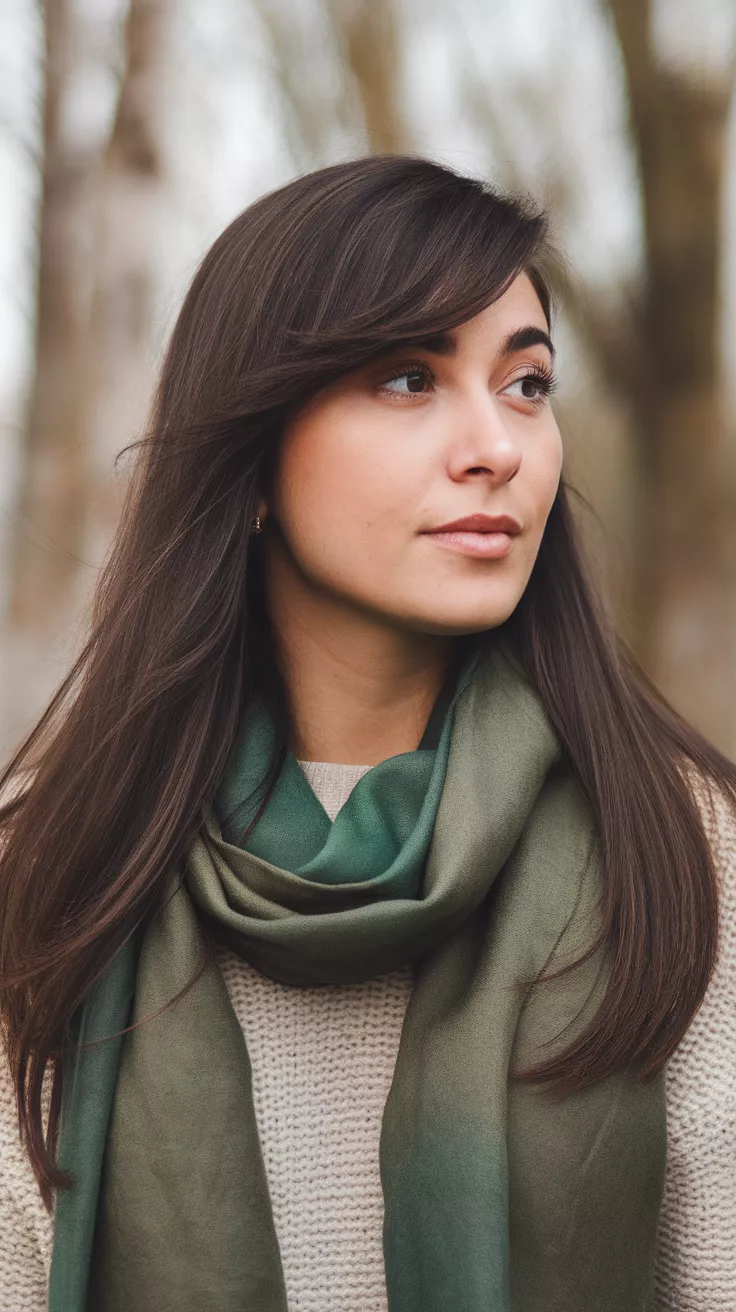 Side-Swept Bangs A beautiful 27-year-old woman with a side-swept bangs hairstyle, front view.