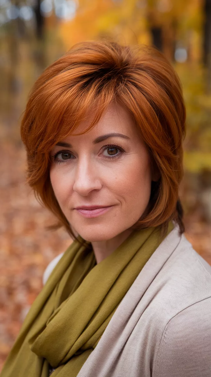 A beautiful 33-year-old woman with a vibrant pumpkin spice colored layered bob.