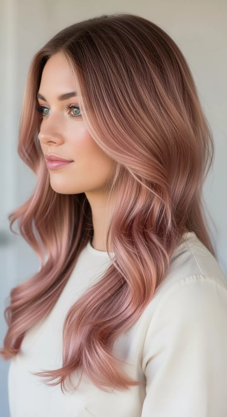 Chocolate Copper with Rose-Gold Highlights A beautiful 27-year-old woman with a rich base brightened with rose-gold colored long, wavy hair, front view.