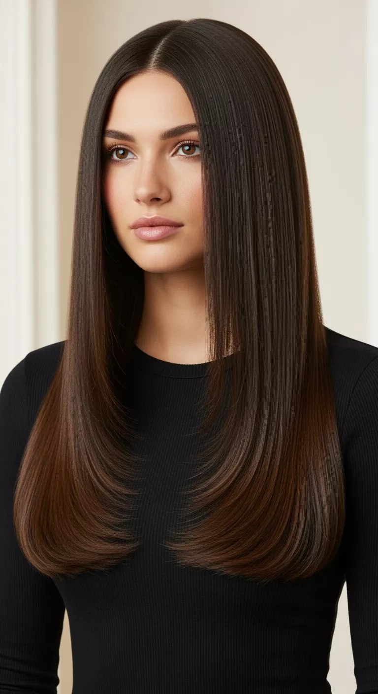A 30-year-old woman with a cool-toned rich brown with a reflective surface colored long straight hair, front view.