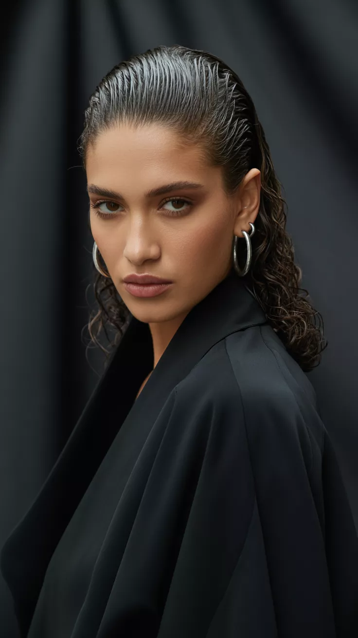 A beautiful 29-year-old woman with a slicked-back wet look, where her natural curls are styled to appear intentionally wet and shiny, slicked back from her face for a bold, high-fashion aesthetic.