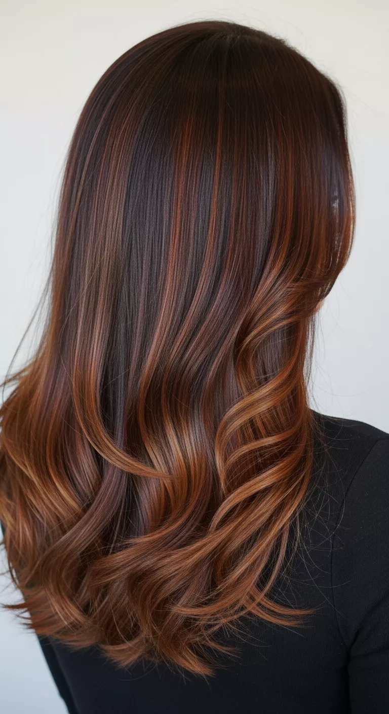 Dark Copper with Chestnut Streaks A beautiful 37-year-old woman with a deep base enriched with chestnut accents colored long, straight hair, back view.