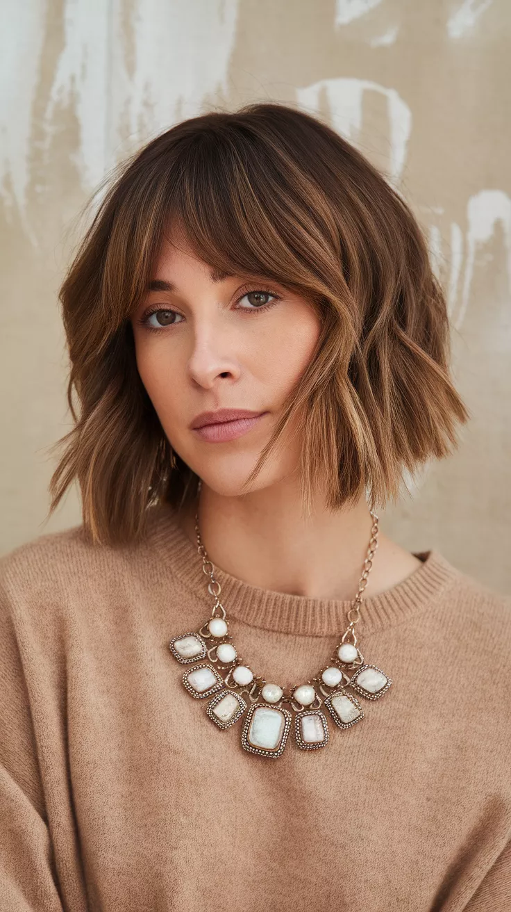 Textured French Bob in Cinnamon Brown A 28-year-old woman with a soft cinnamon tone colored chin-length bob with blunt ends and piecey texture, front view.