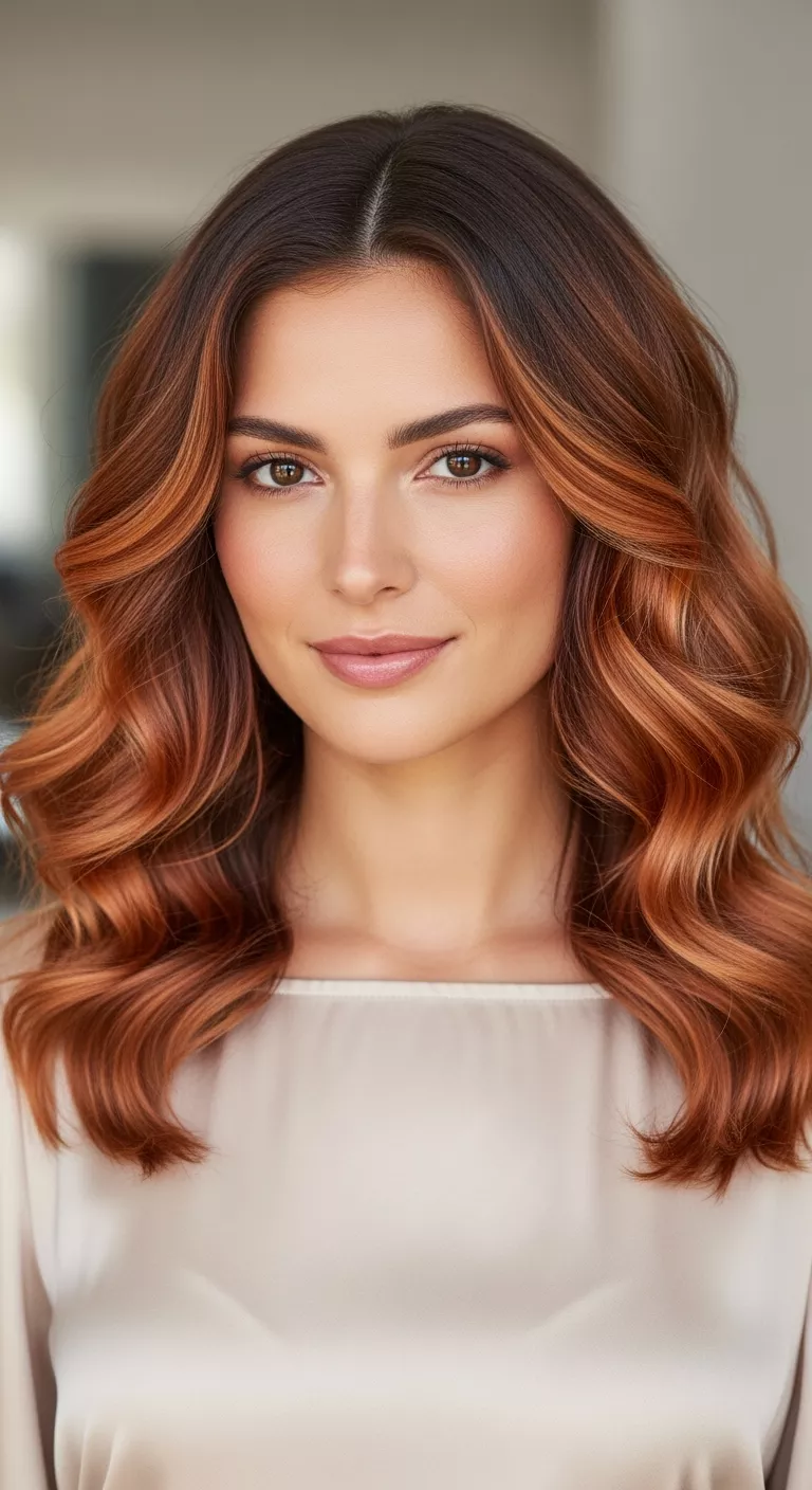 Copper Renaissance A beautiful 35-year-old woman with a soft apricot to burnished auburn copper with brown undertones colored long, curly hair, front view.