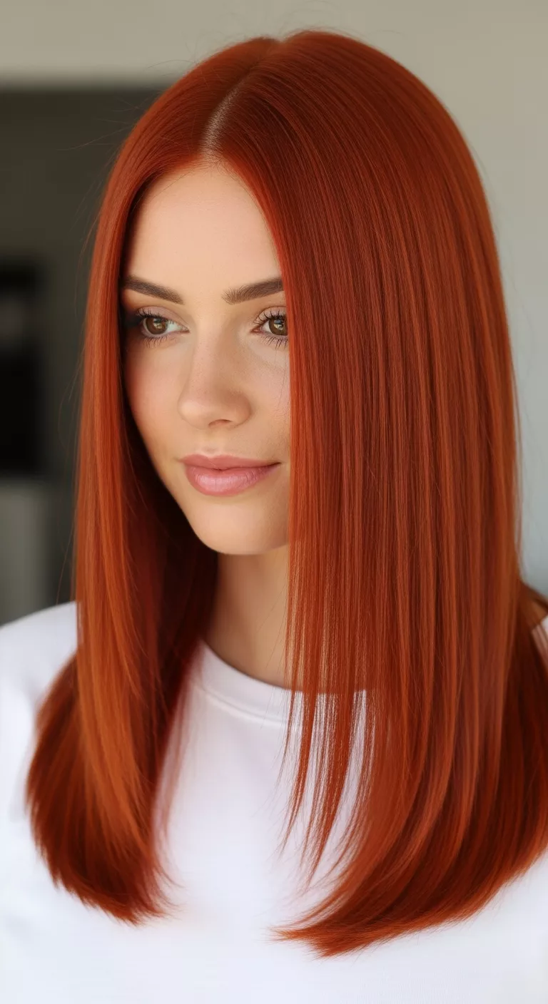 Vibrant Copper A 32-year-old woman with a fiery copper red with full saturation colored sleek, straight hair, front view.