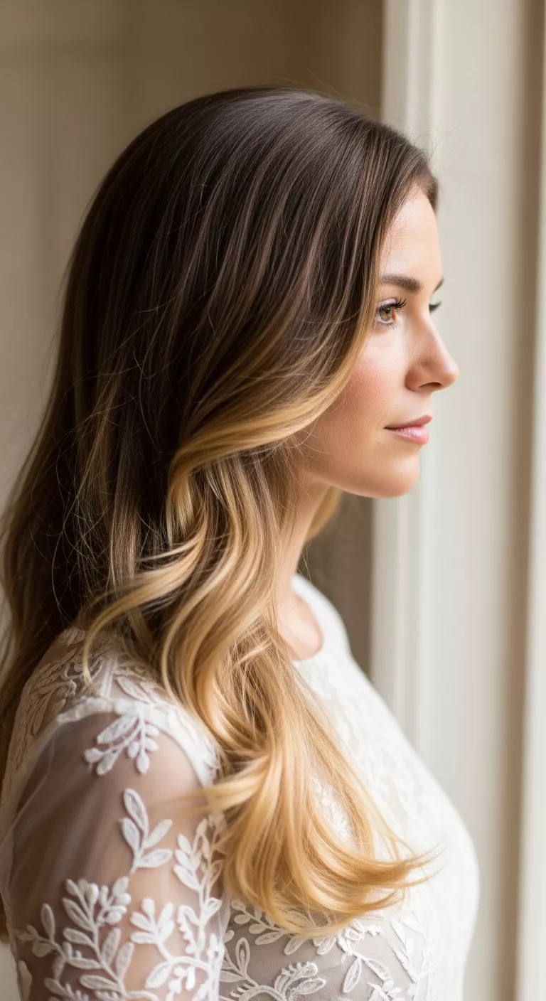 Caramel Balayage A 37-year-old woman with a buttery mid-tones with natural transition colored long, flowing hair, side view.