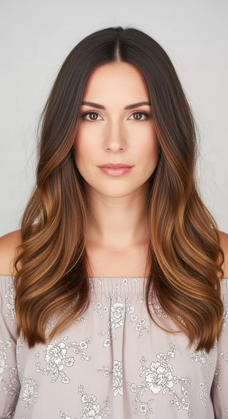 A 33-year-old woman with a mid-brown with a golden glow colored long wavy hair, front view.