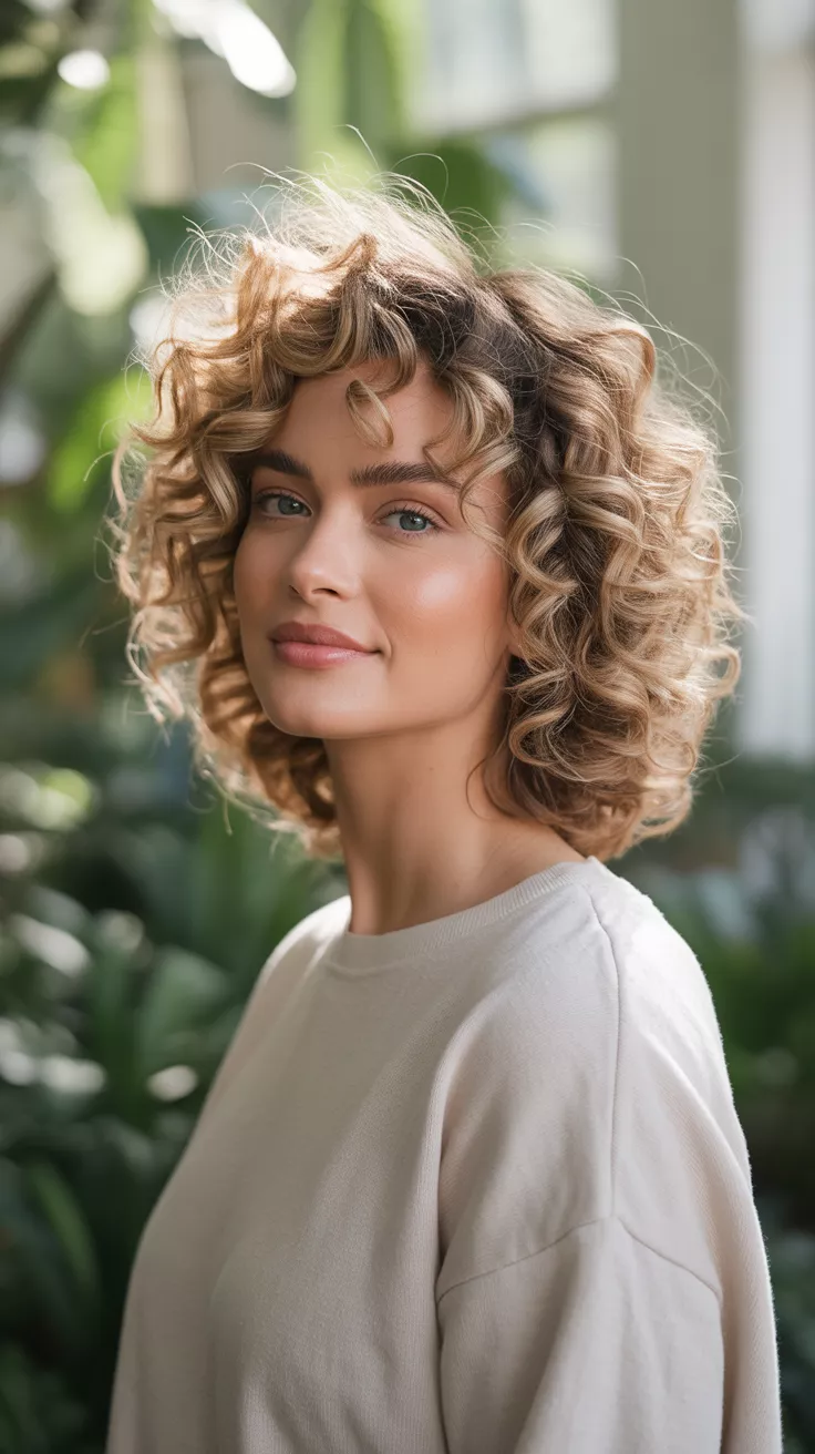A beautiful 28-year-old woman with a diffused volume bomb, featuring immensely voluminous and airy curls achieved by carefully diffusing her hair, ensuring maximum lift and definition without frizz.