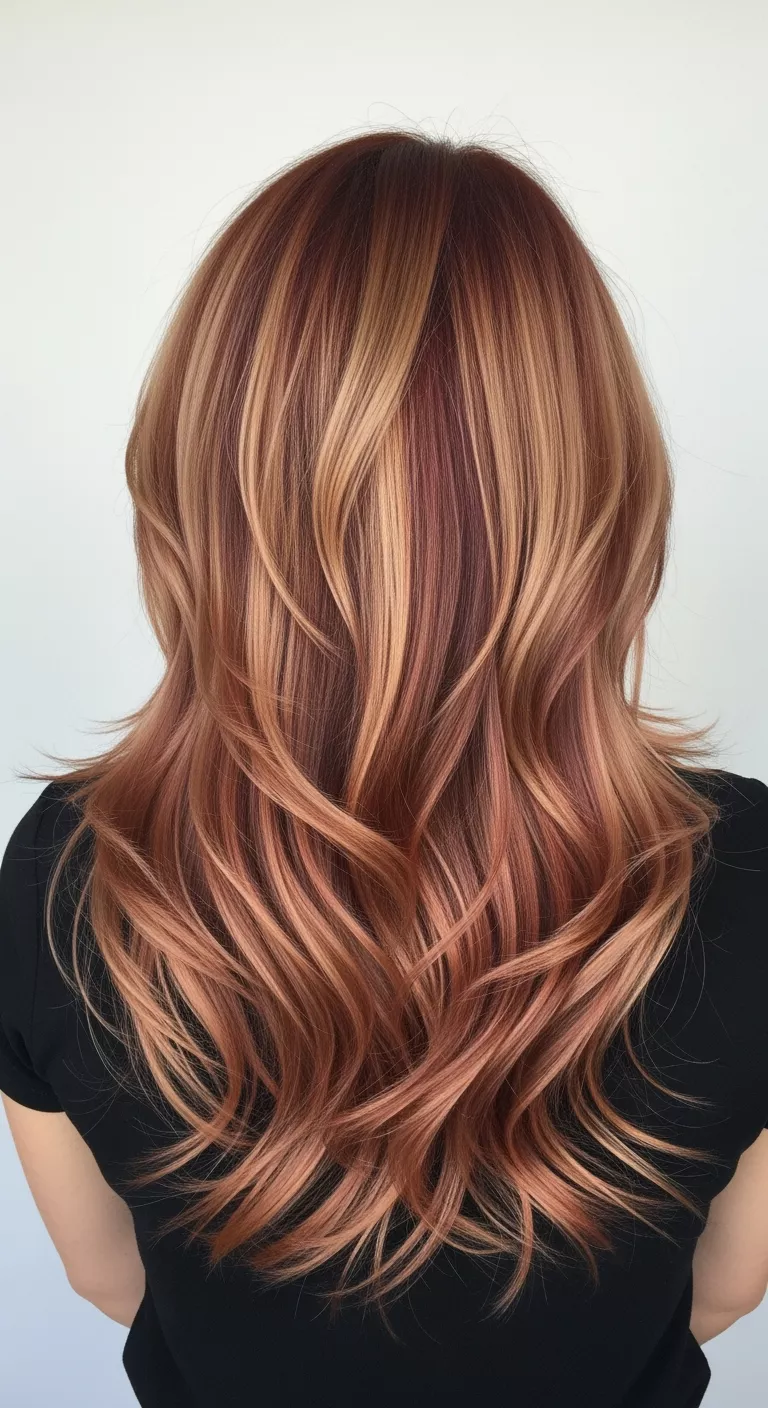 Calico Tri-Color A 23-year-old woman with a bold pattern of auburn, blonde, and brown inspired by calico cats colored long, multi-layered hair, back view.