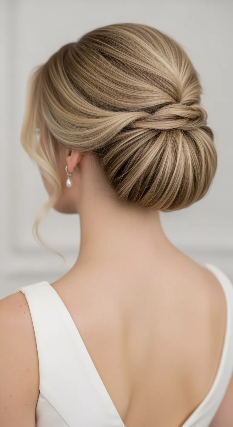 Old-Money Blonde A 31-year-old woman with a refined vintage blonde with soft contrast colored elegant updo, back view.