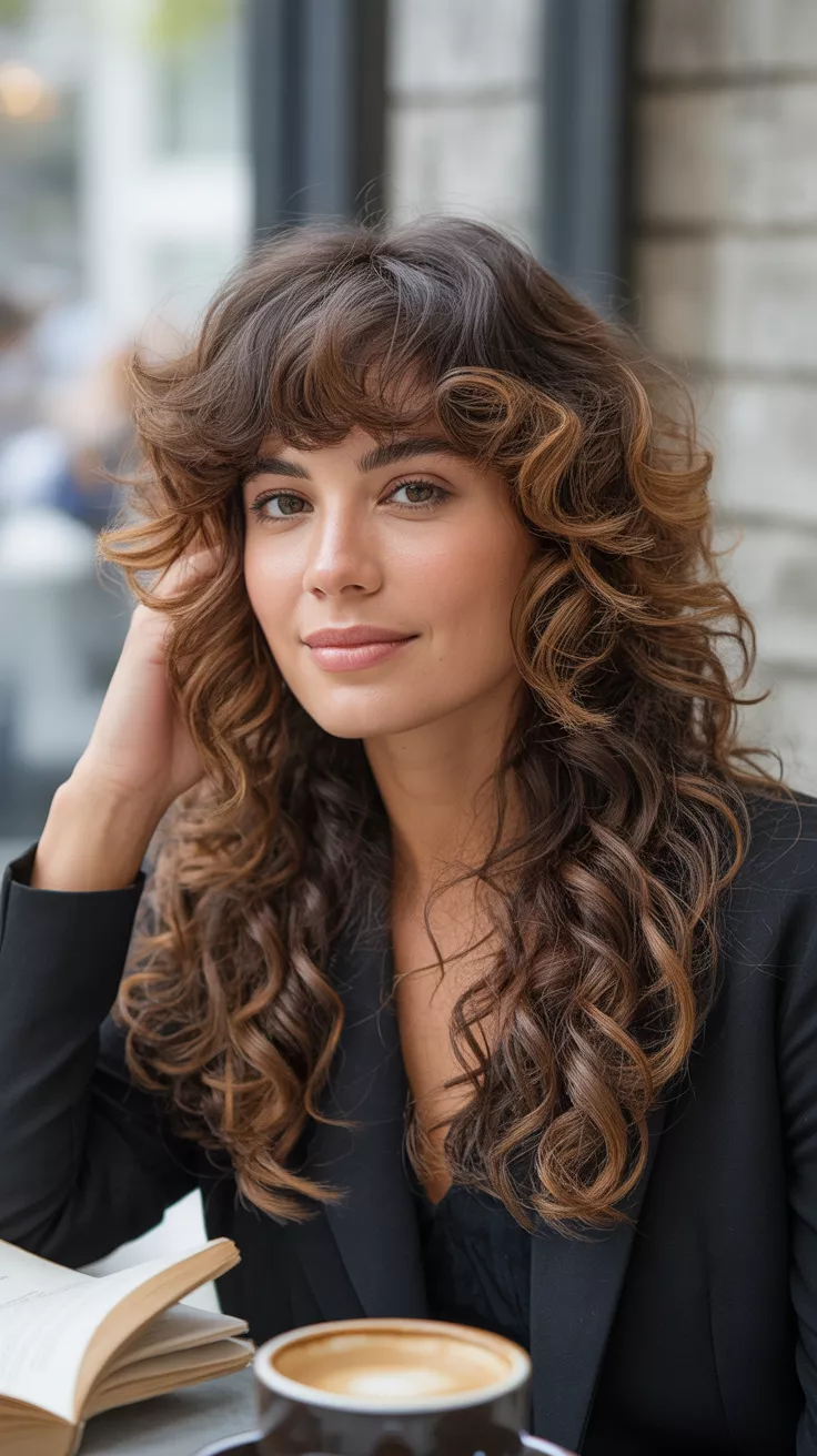 A beautiful 30-year-old woman with a curly fringe reinvented, where her natural curls are cut to frame her face as a soft, unstructured fringe that blends seamlessly with the rest of her long, voluminous curly hair.