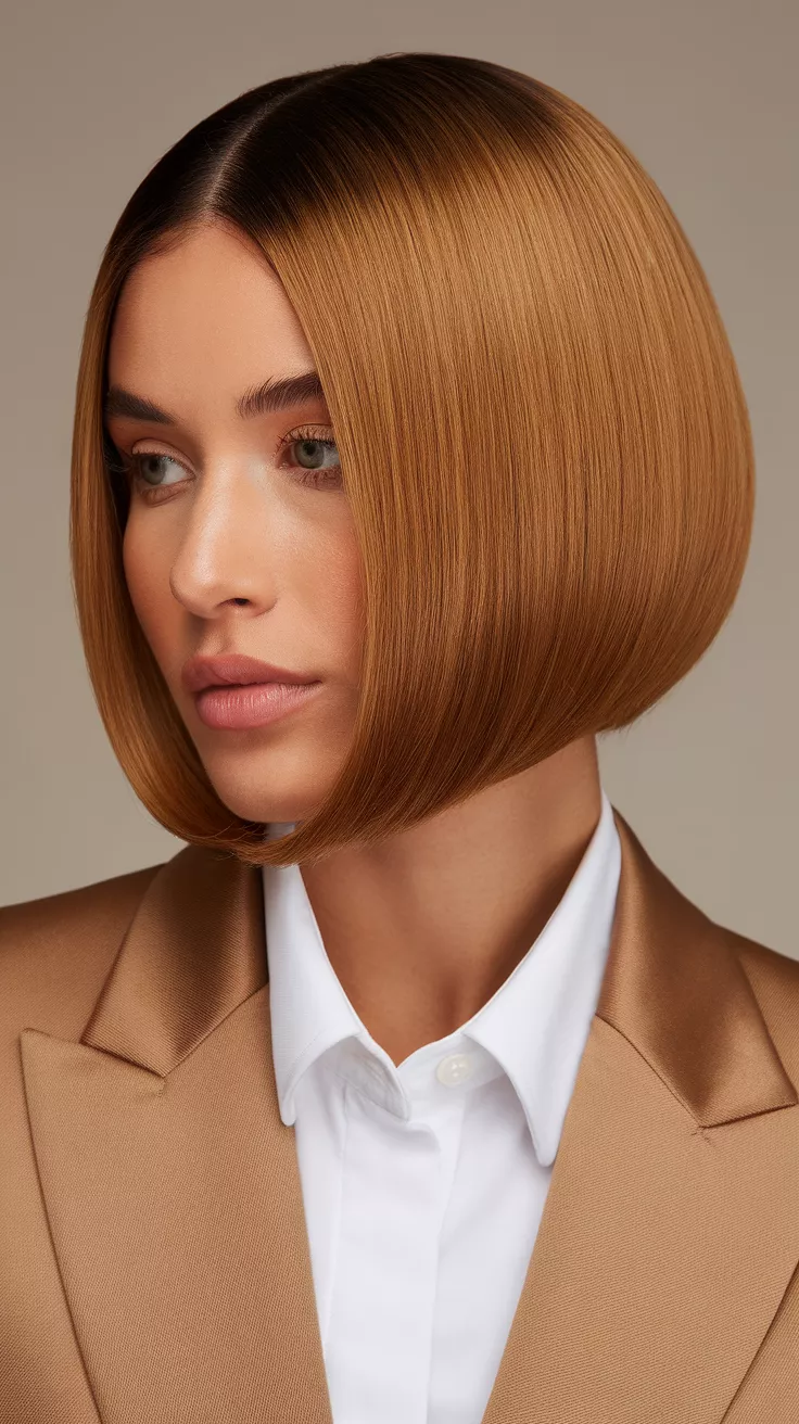 Blunt Cut Bob with Rosewood Tint A 30-year-old woman with a glowing bronzed brunette colored combed back sleek bob, front view.