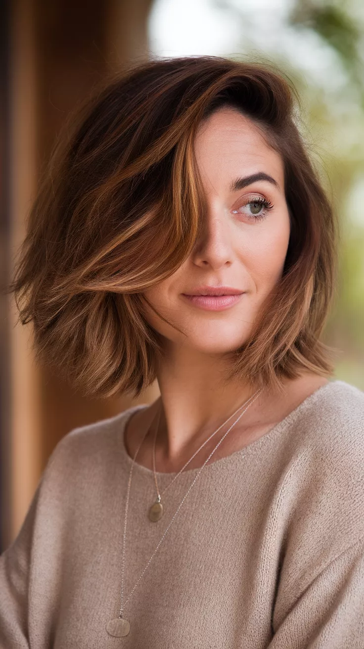 A beautiful 30-year-old woman with a flowing caramel balayage colored A-line bob.
