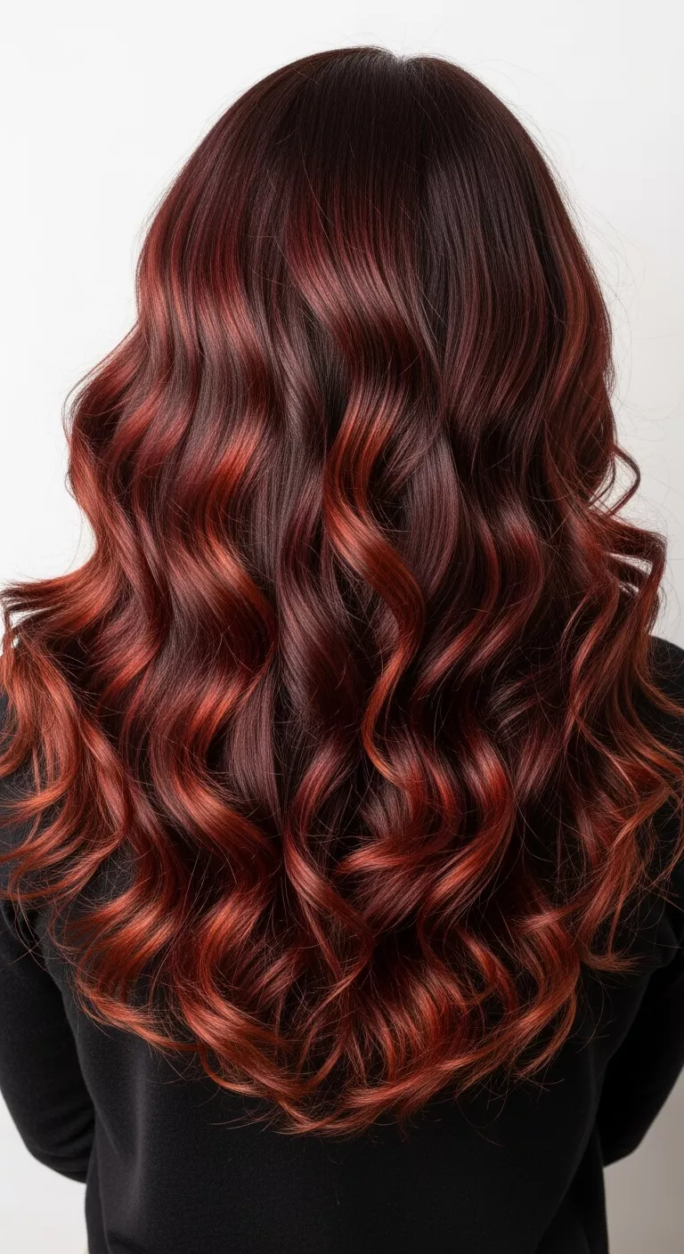 Mahogany Copper with Auburn Streaks A beautiful 35-year-old woman with a deep reddish brown with lighter auburn pops colored curly hair, long, back view.
