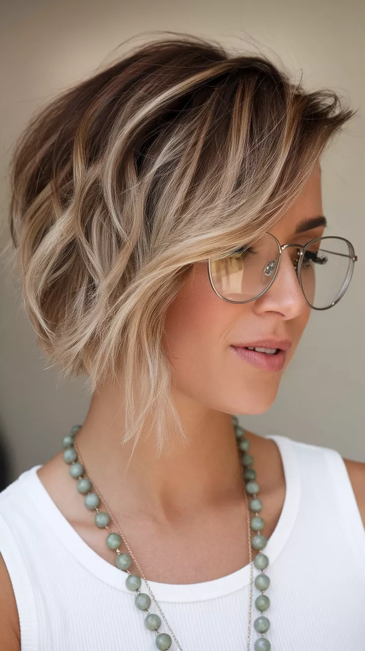 Choppy Bob with Vanilla Blonde Ends A 27-year-old woman with a brown roots fading into creamy blonde colored textured ends with a blunt base, short choppy bob, front view.