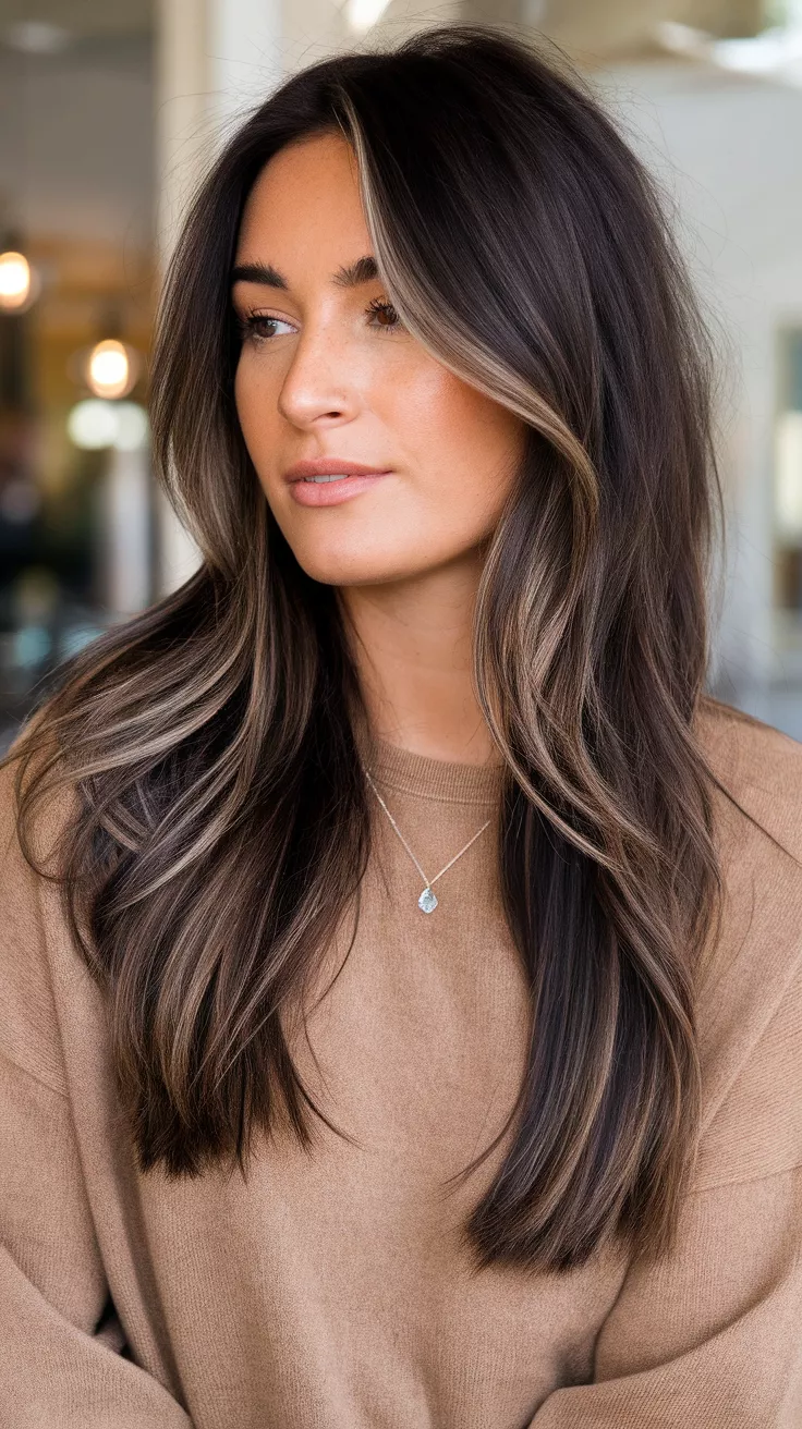 A beautiful 24-year-old woman with a shoulder-length butterfly cut with face-framing and airy layers, front view.