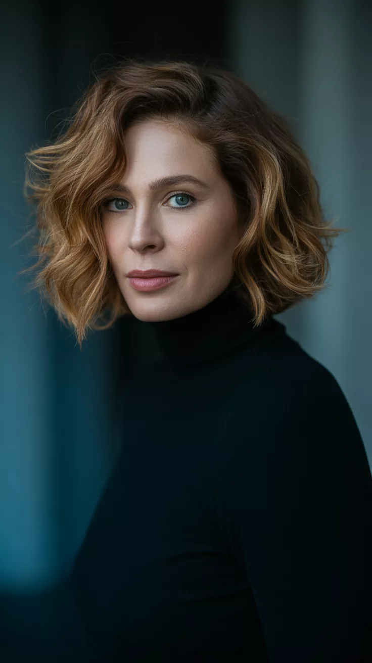A 32-year-old woman with a glowing chestnut tone colored wavy hair, front view.