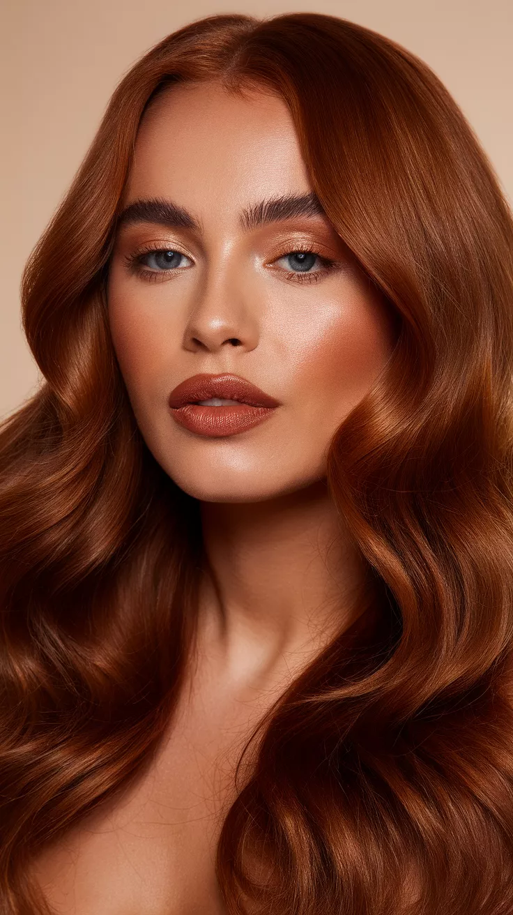 Dark Copper with Molten Gold Accents A beautiful 31-year-old woman with a deep copper paired with molten gold for a glowing look colored long, wavy hair, front view.
