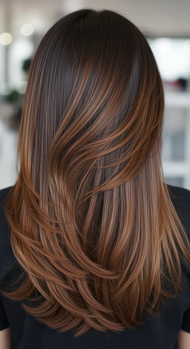 A 25-year-old woman with dark brown roots blending into metallic bronze ends colored long straight hair, back view.