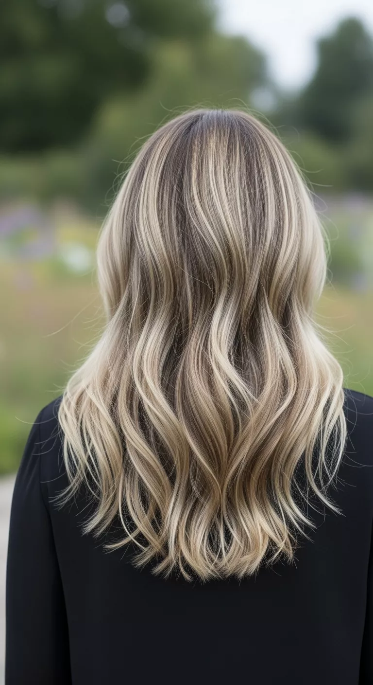 A 35-year-old woman with a cool-toned beige blended seamlessly into brown colored long wavy hair, back view.