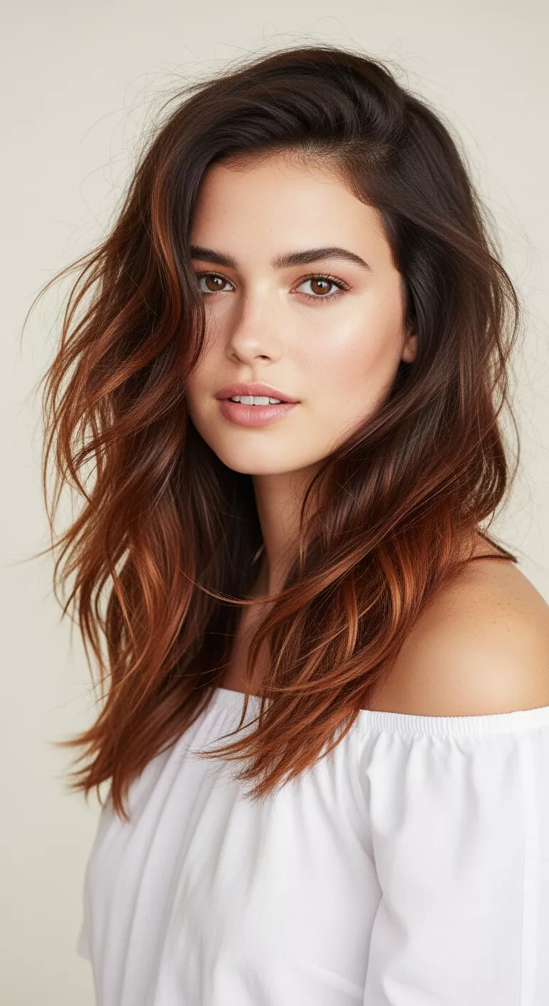 Cowboy Copper A beautiful 20-year-old woman with a blended brunette-copper mix that's subtle and wearable colored long, wavy hair, front view.