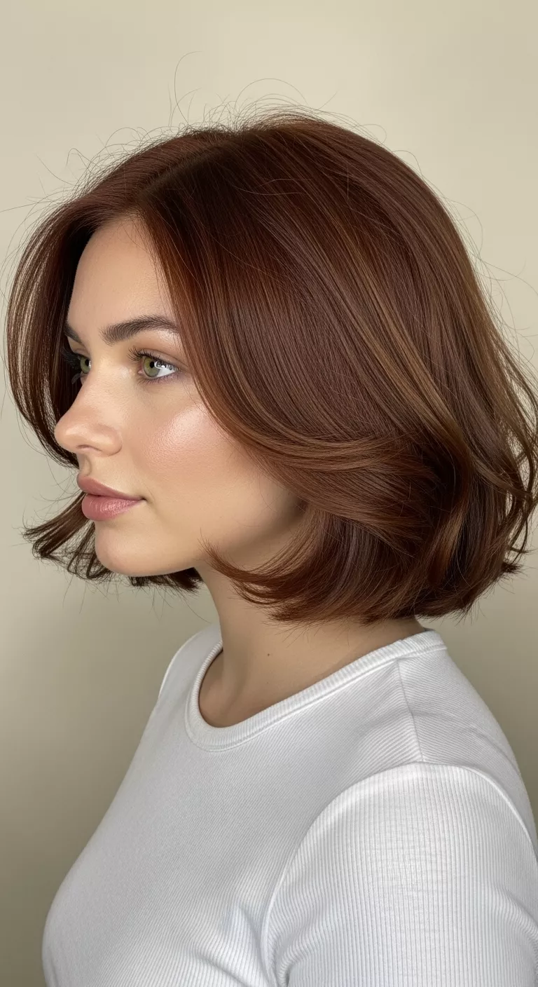 Charred Chestnut A 29-year-old woman with a rich chestnut with a darker, toasted finish colored medium-length, voluminous hair, front view.
