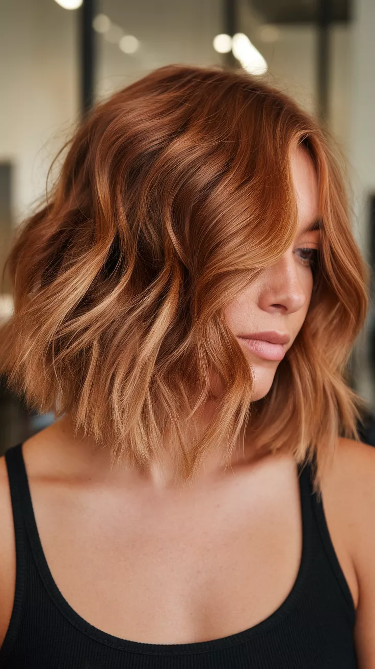 Tousled Bob with Toasted Caramel Tones A 31-year-old woman with a warm caramel tint colored natural waves with a slightly messy finish, front view.