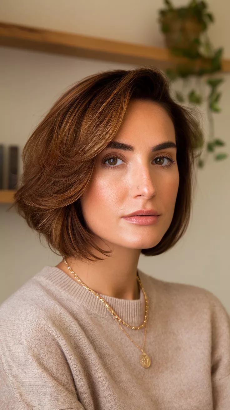 A beautiful 27-year-old woman with a warm cinnamon swirl colored French bob.