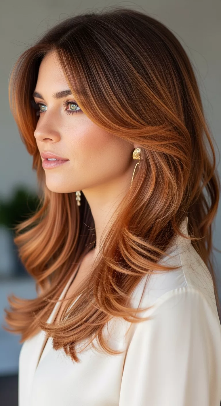 Fiery Copper Balayage A beautiful 29-year-old woman with a copper tones applied as balayage for a soft gradient effect colored long, layered hair, side view.