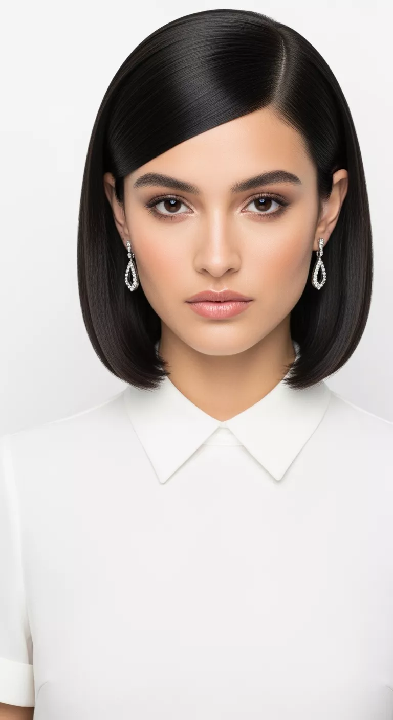 Sleek Jawline Bob A 24-year-old woman with a chin-length sleek bob with high shine and a precise edge, front view.
