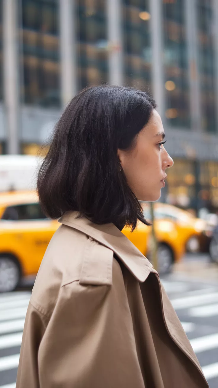 Jawline Bob A beautiful 36-year-old woman with a jawline bob hairstyle, side view.