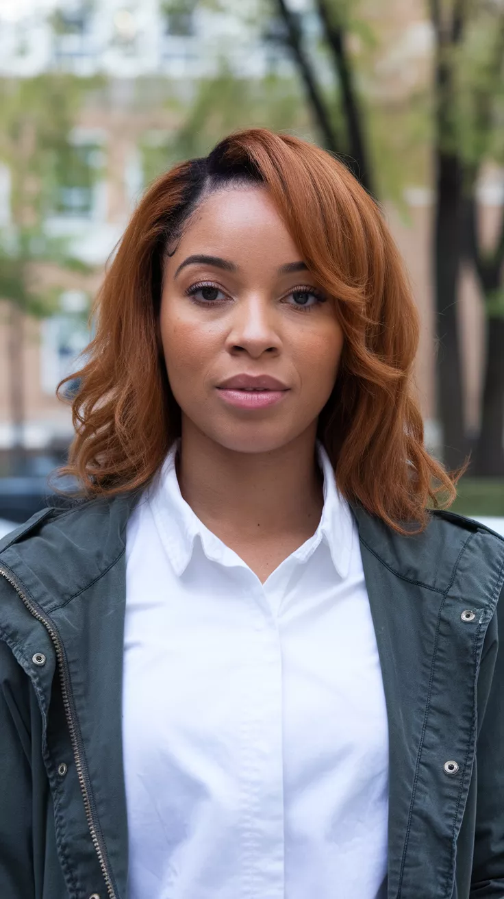 Reddish Brown A beautiful 31-year-old black woman with a Reddish Brown colored wavy hair, front view.