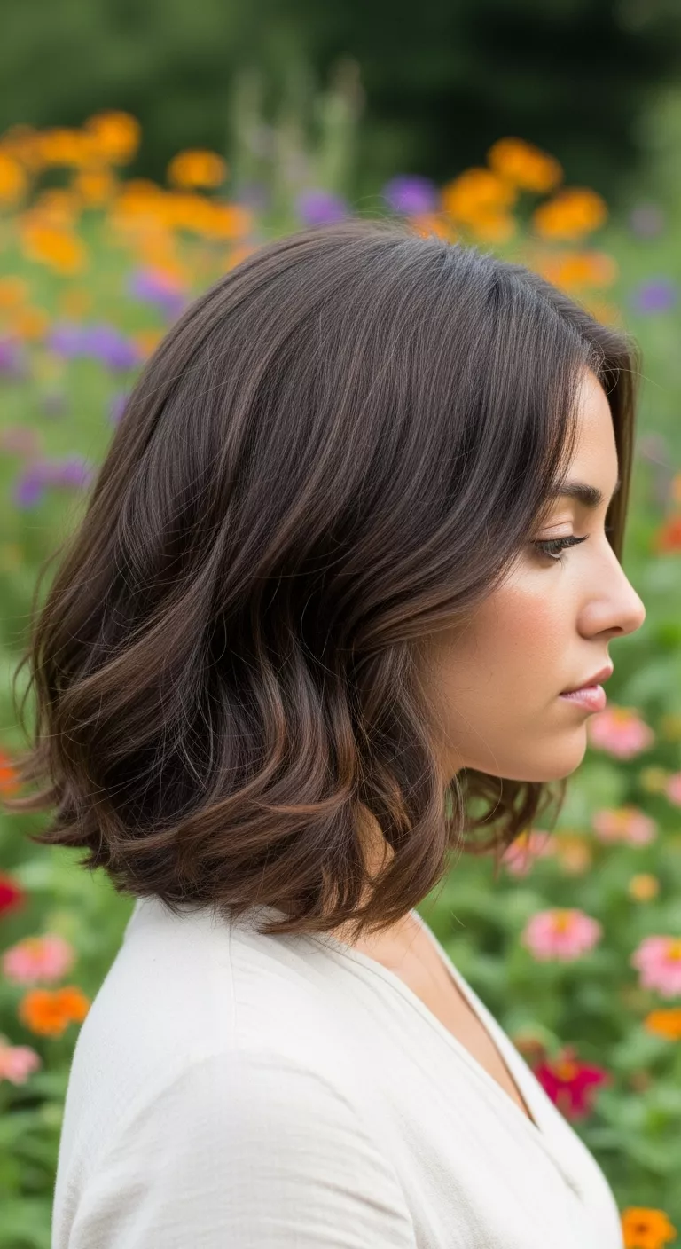 Mocha Mousse A 29-year-old woman with a warm brown with a hint of cool undertones colored shoulder-length, curly hair, side view.